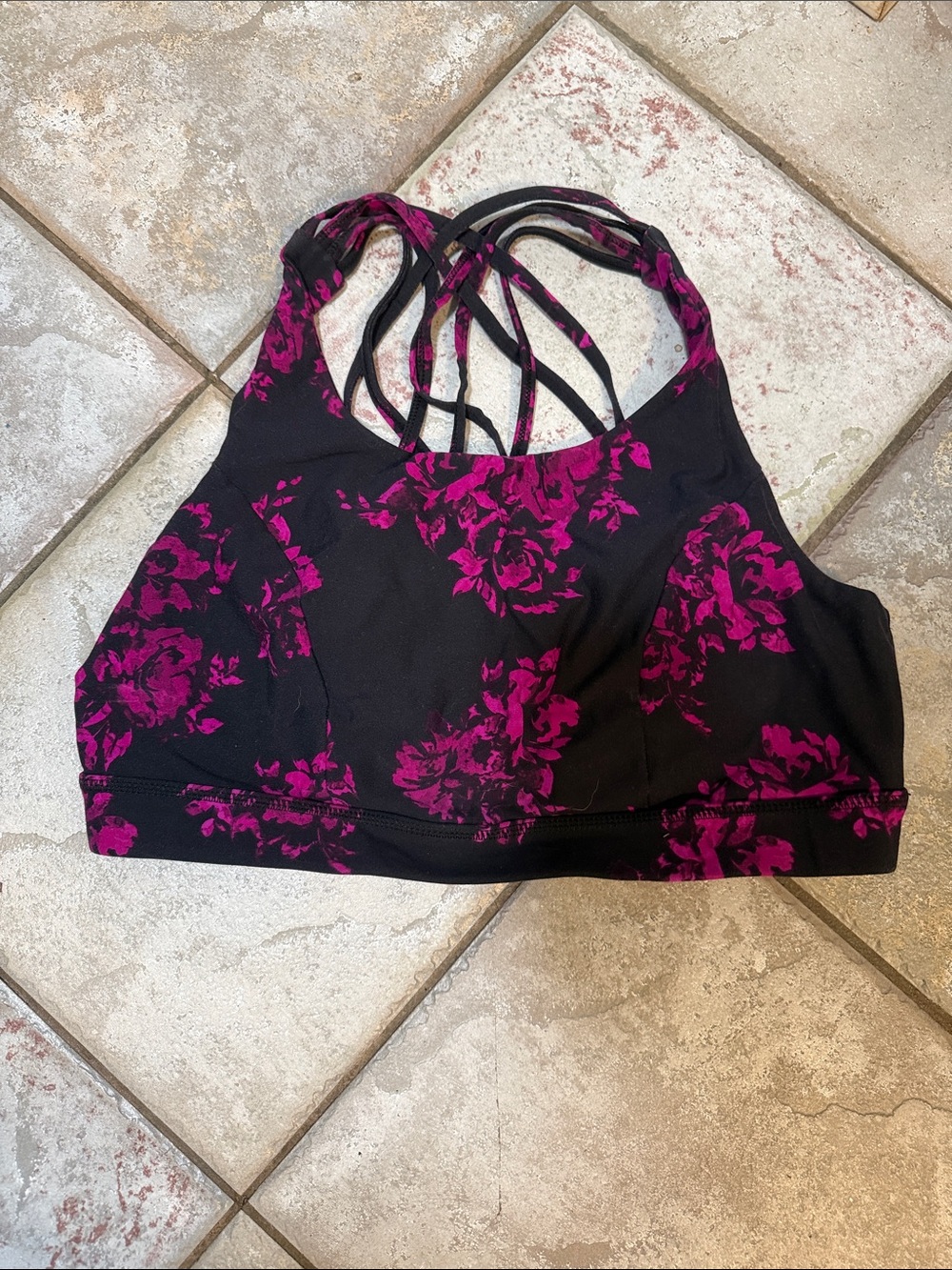 Floral Strappy Sports Bralette — Black & Magenta
